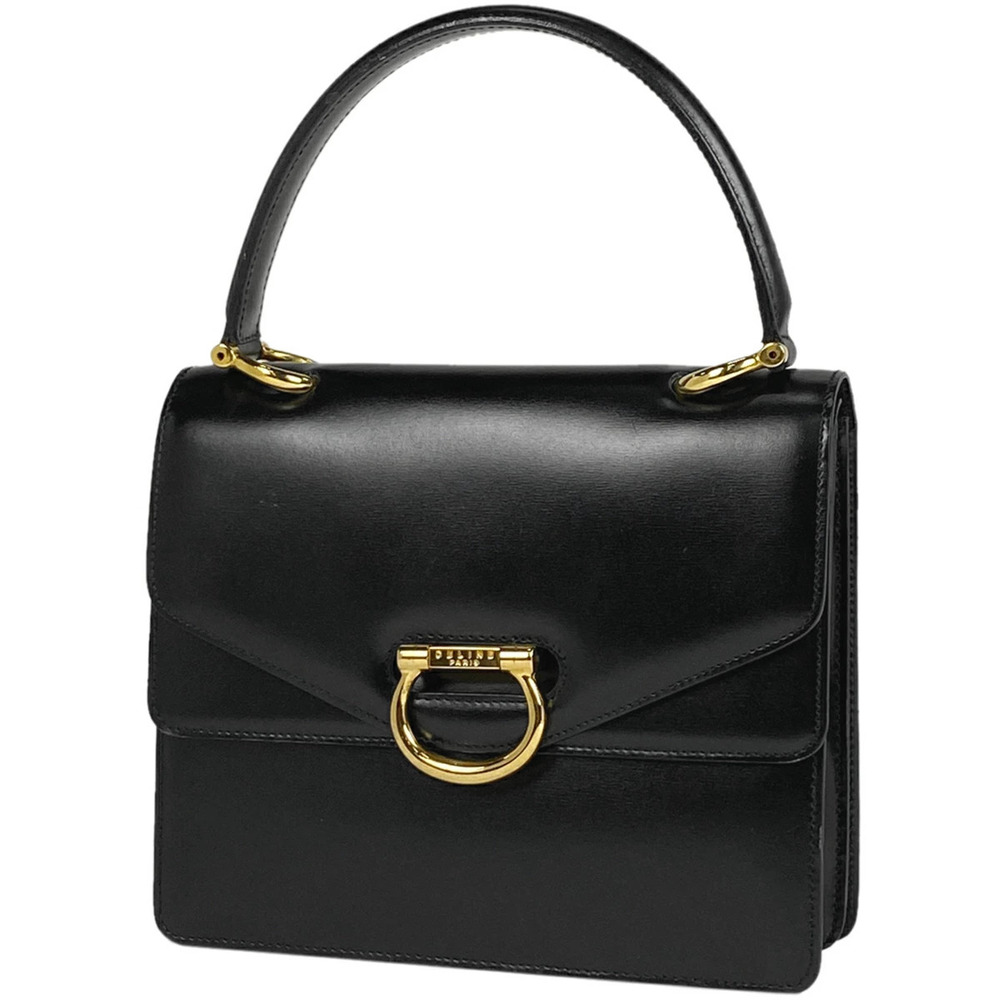 Celine Logo Handbag Double Flap Leather Black